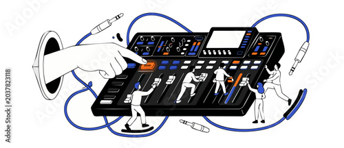 Φωτογραφία audio mixing console vector illustration featuring miniature people adjusting fa