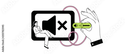 Foto Mute sound icon woman sitting on digital tablet controlling volume level