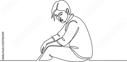 Tableau sur toile Continuous line drawing of a person sitting with head down, conveying sadness or contemplation