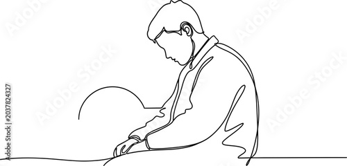 Fotografía Continuous line drawing of a man praying, facing down in a posture of devotion and contemplation