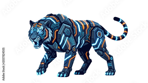 Futuristic Cybernetic Tiger Robot with Neon Lights, Digital Art