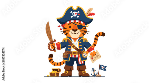 Fotografía Cute Tiger Pirate Character with Treasure Chest, Map, and Sword