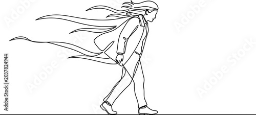 One line drawing of person walking against strong wind, flowing coat and hair