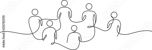 Continuous line drawing of diverse people connected in a circle, symbolizing unity and teamwork.