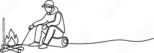 Foto Continuous line drawing of a person sitting by a campfire, enjoying the warmth and solitude