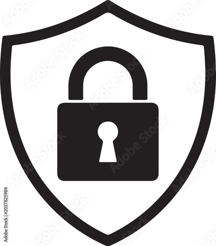 Black padlock icon on a white shield symbolizing security and protection