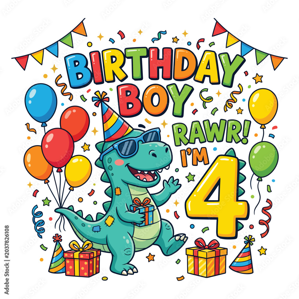 Fototapeta premium Birthday Boy Rawr I’m 4 Cute Dinosaur Party Vector Illustration