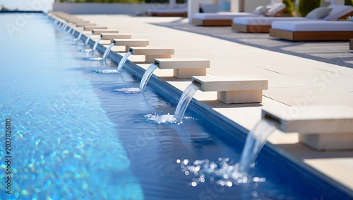 Closeup of elegant stone fountain streaming clean water into luxury swimming pool under bright sunlight, creating refreshing ripples, tranquil ambiance, and modern outdoor relaxation atmosphere.