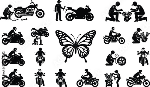 Photos Motorcycle Repair and Riding Silhouette Collection with Mechanics Sport Bikes an