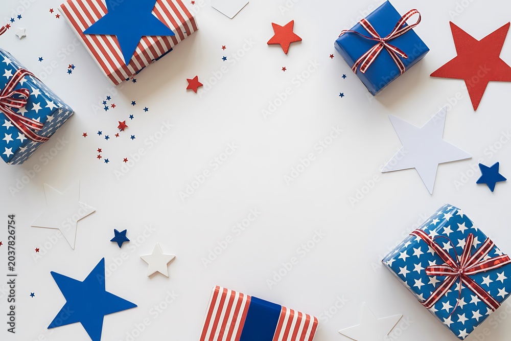 Obraz premium Patriotic fourth of july gifts and decorations flat lay