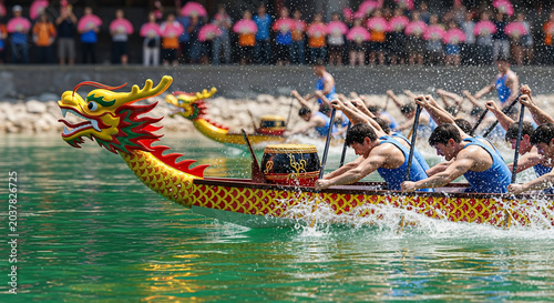 Dragon boat race with paddlers in action on the water.