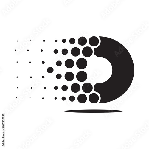Foto Circular shape dissolving into dots black silhouette on white background