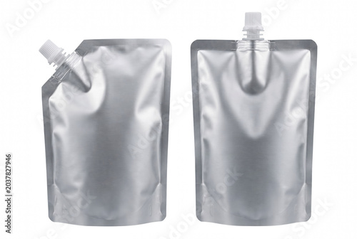 Canvastavla Two Metallic Silver Flexible Spout Pouches for Liquid Packaging Mockup