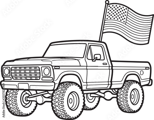 American Pickup Truck, USA Flag, Vehicle Illustration, Patriotic Symbol isolated on Transparent Background