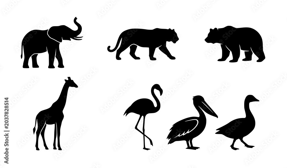 Fototapeta premium Minimal Wildlife Silhouette Icons Featuring Elephant Tiger Bear Giraffe and Birds Vector