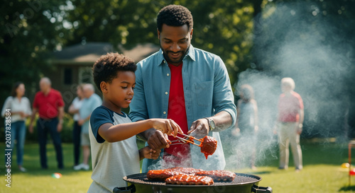 Father and son grilling together at a backyard barbecue.