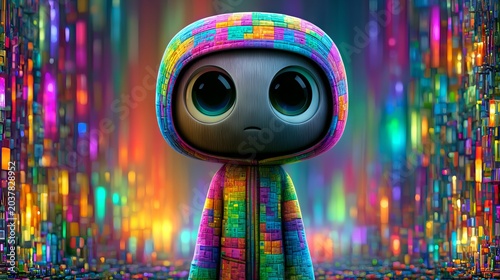 Cute character walking to a colorful abstract world.