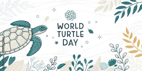 Sea turtle swimming ocean World Turtle Day concept marine wildlife line art