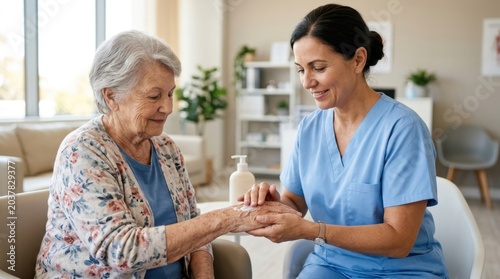 A caregiver gently applies lotion to the hands of an elderly person, focusing on hygiene, skin care, and gentle human contact.