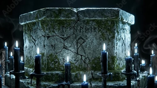 Ancient Stone Altar with Glowing Candles and Runes