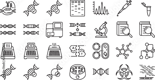 Foto Bioinformatics and gene editing minimalist monoline vector icon set, CRISPR Cas9