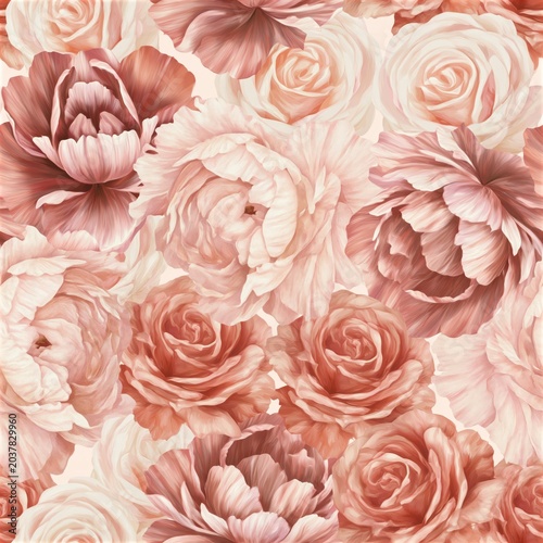 Elegant Floral Pattern with Pastel Roses and Peonies in Soft Pink Hues