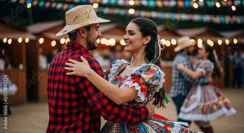 Joyful couple dancing at a traditional Brazilian Festa Junina celebration.