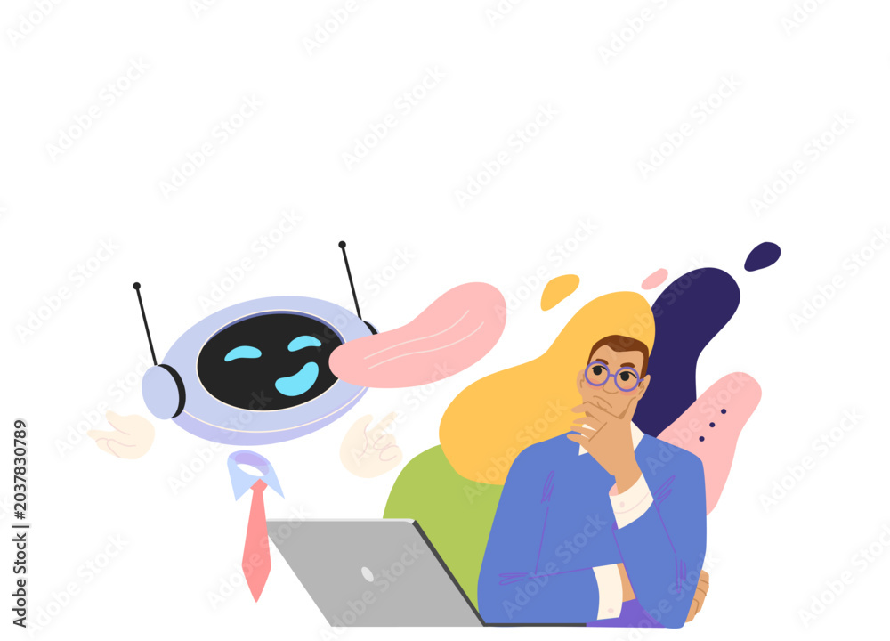 Fototapeta premium User confused by too many AI answers and generated responses from artificial intelligence chatbot. Flat vector illustration isolated on white background