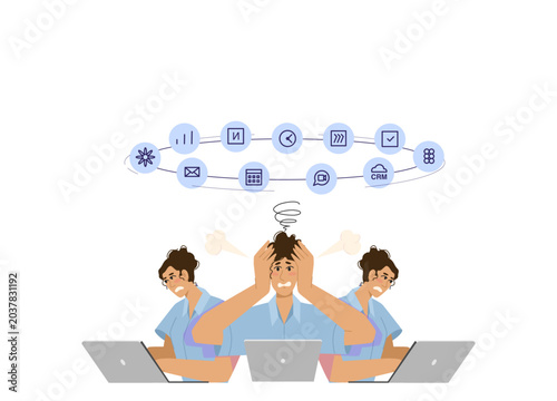 Overwhelmed employee multitasking between too many digital services and online work tools. Flat vector illustration isolated on white background