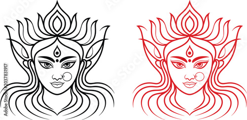 Billede på lærred Black and red line art of a goddess face with elaborate headdress and wavy hair
