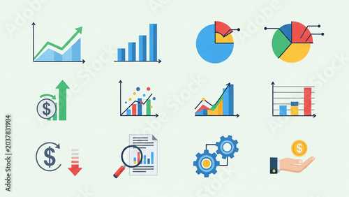 Collection of Business and Financial Chart Icons in Modern Style for Data Analysis and Investment