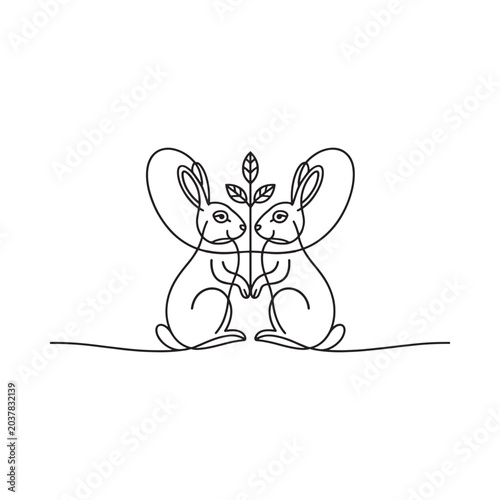 Two rabbits and leaf continuous line drawing on white background