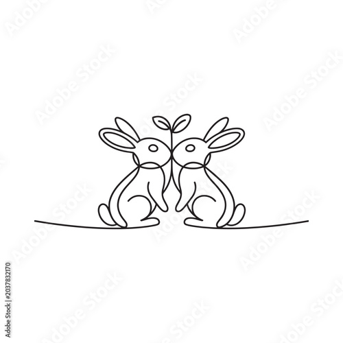 Two rabbits depicted with a continuous line black and white illustration