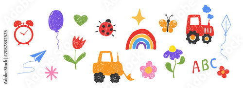 Chalk scribble set childlike elements, crayon pencil kindergarten doodle icons. Preschool bug, stars, flowers, games in sketch style