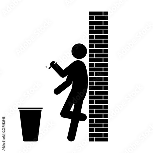 Black stick figure silhouette smoking near brick wall and trash bin. Simple vector icon for smoking area or designated smoking place.