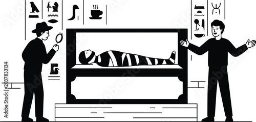 Quadro su tela Museum Exhibition Illustration Featuring Egyptian Mummy in Glass Display Case wi