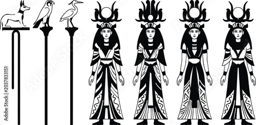 Bild auf Leinwand Ancient Egyptian Goddess and Hieroglyphic Icon Set Featuring Isis, Hathor figure