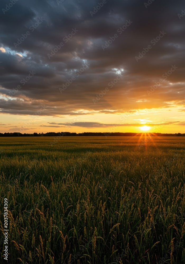 Obraz premium Golden hour light dramatically paints the vast sky above an expansive, tranquil rural field at the end of a summer day, colorful, rural, horizon