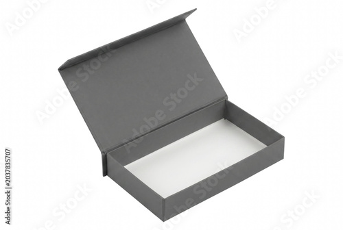 Open grey rectangular gift box with white interior base