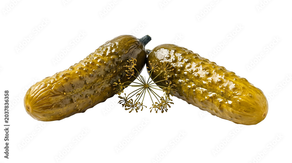 Fototapeta premium Two salty dill pickles with fresh herbs on transparent background.