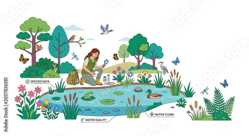 Fotografie Ecologist studying pond ecosystem surrounded by wildlife, native plants, insects, birds, and environmental biodiversity