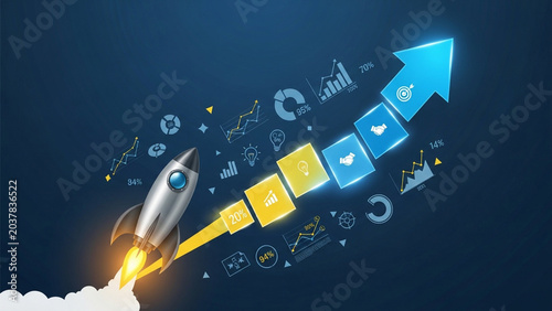 Futuristic Rocket Launch with Upward Arrow and Data Icons in Dark Blue Background