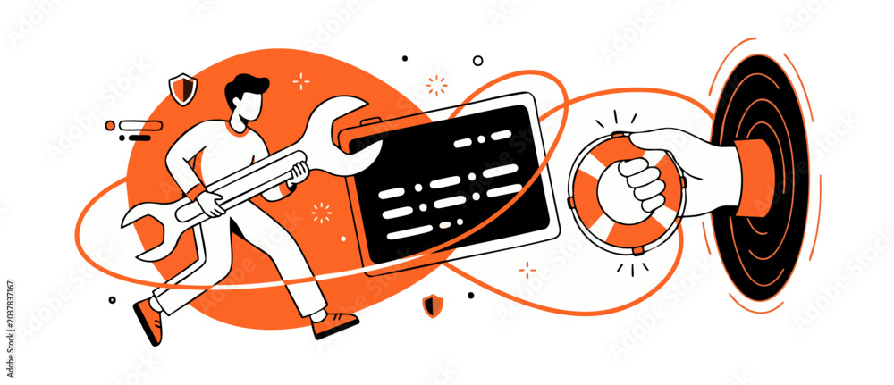 Fototapeta premium IT Support Technical Help Service holding wrench and lifebuoy rescue concept for system maintenance, troubleshooting software issues, online customer hotline assistant, orange vector illustration