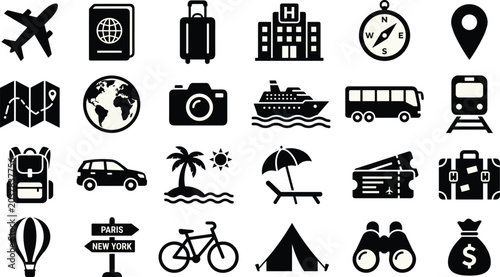 Foto Black Silhouette Travel and Tourism Icon Set with Transportation Vacation and Ad