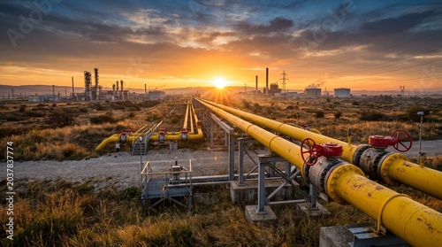 Yellow large gas pipe with red valve. Stock photo on the topic of gas sanctions	