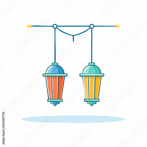 Two hanging lanterns with colorful shades