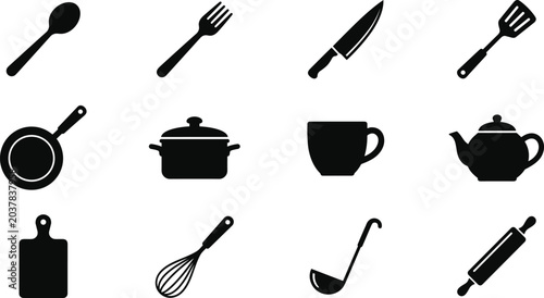 Quadro su tela Kitchen utensils and cookware silhouette icons collection for culinary design an