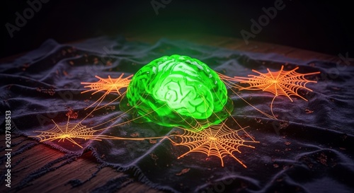A horrifyingly bizarre still life featuring a glowing green gelatinous brain resting on decaying velvet and surrounded by strange, neon orange spiderwebs, macabre, freakout, bizarre
