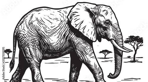 Foto Black and white elephant illustration, safari animal, wildlife drawing, monochro