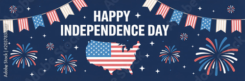 Happy Independence Day Celebration with American Flag Map, Fireworks, and Bunting